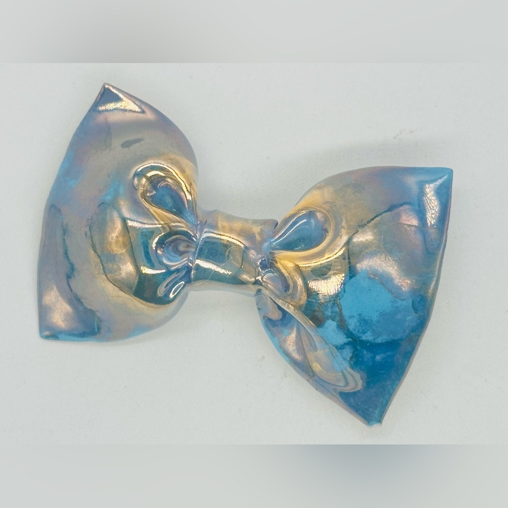 Handmade Ceramic Pottery Bow Brooch Pin Iridescent Glaze Blue Silver Artisan
